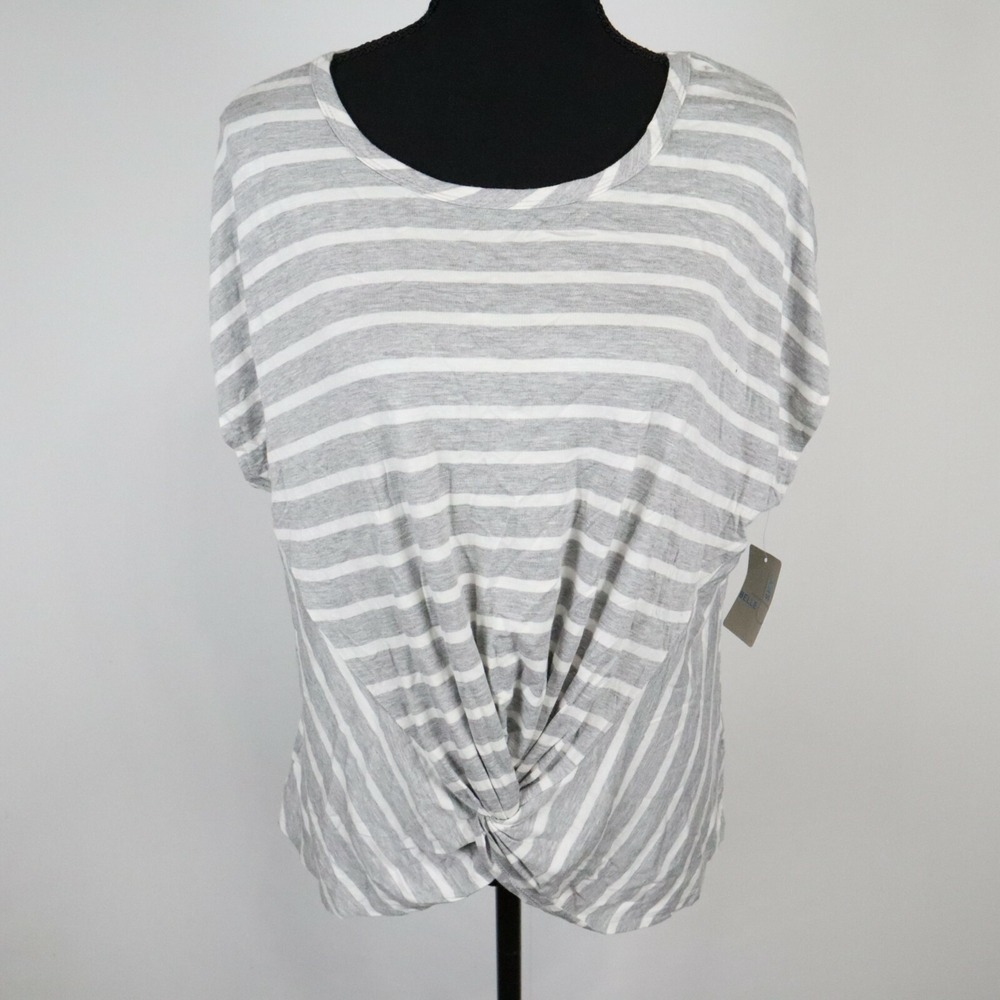 Belle Sky Top Womens Large Knot Front Shirt Casual Gray Striped Cap Sleeve NWT